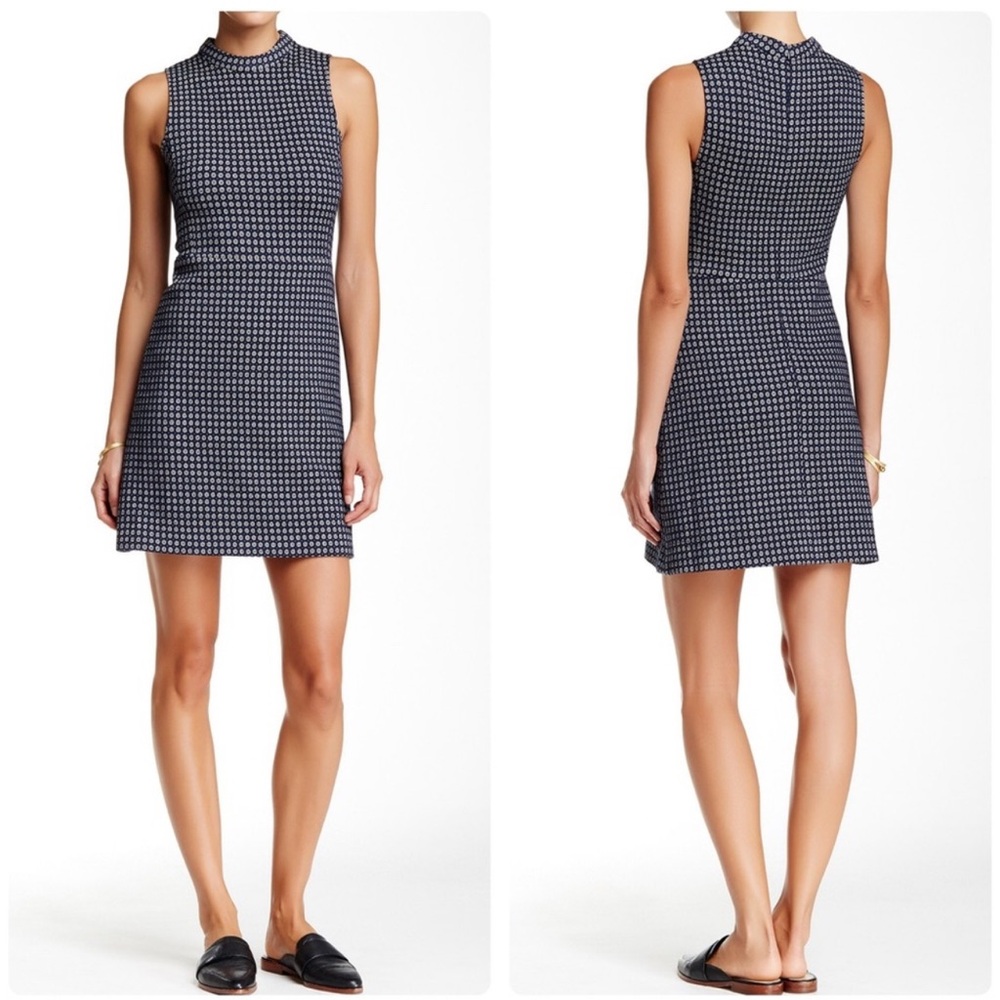 Theory Sleeveless Mock Neck Fit & Flare Dress Geo Jacquard Knit Navy Size 0